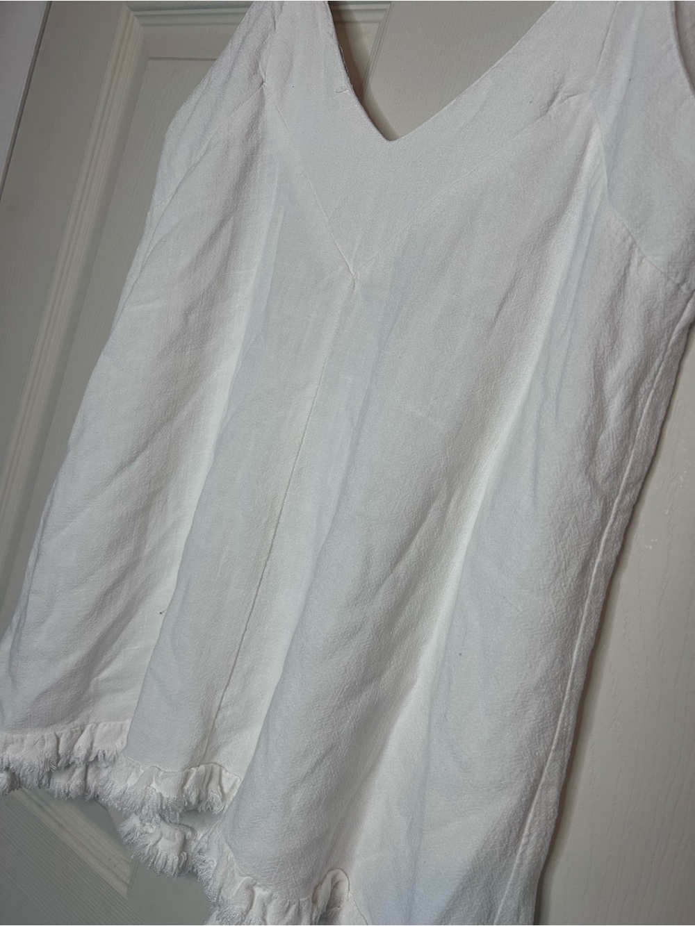 Umgee White Linen Spaghetti Strap Tank with Fringe Hem- Cotton/Linen Blend - Picture 6 of 7